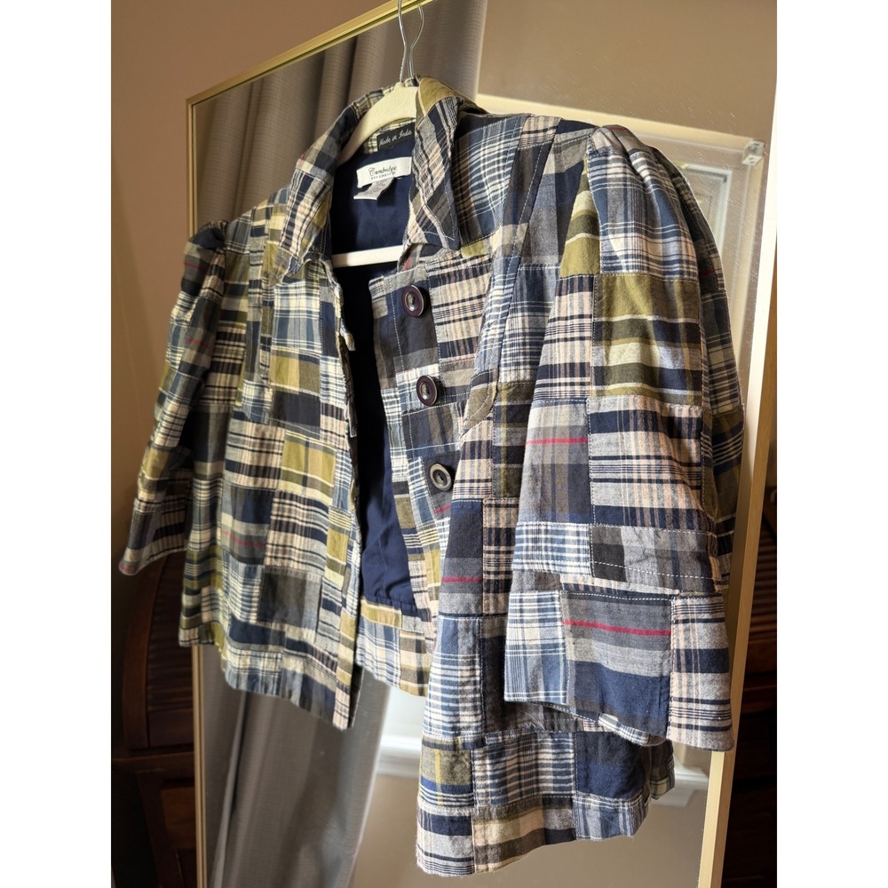 Cambridge Dry Goods Patchwork Plaid Cropped Jacket Puff Sleeve Cotton XL